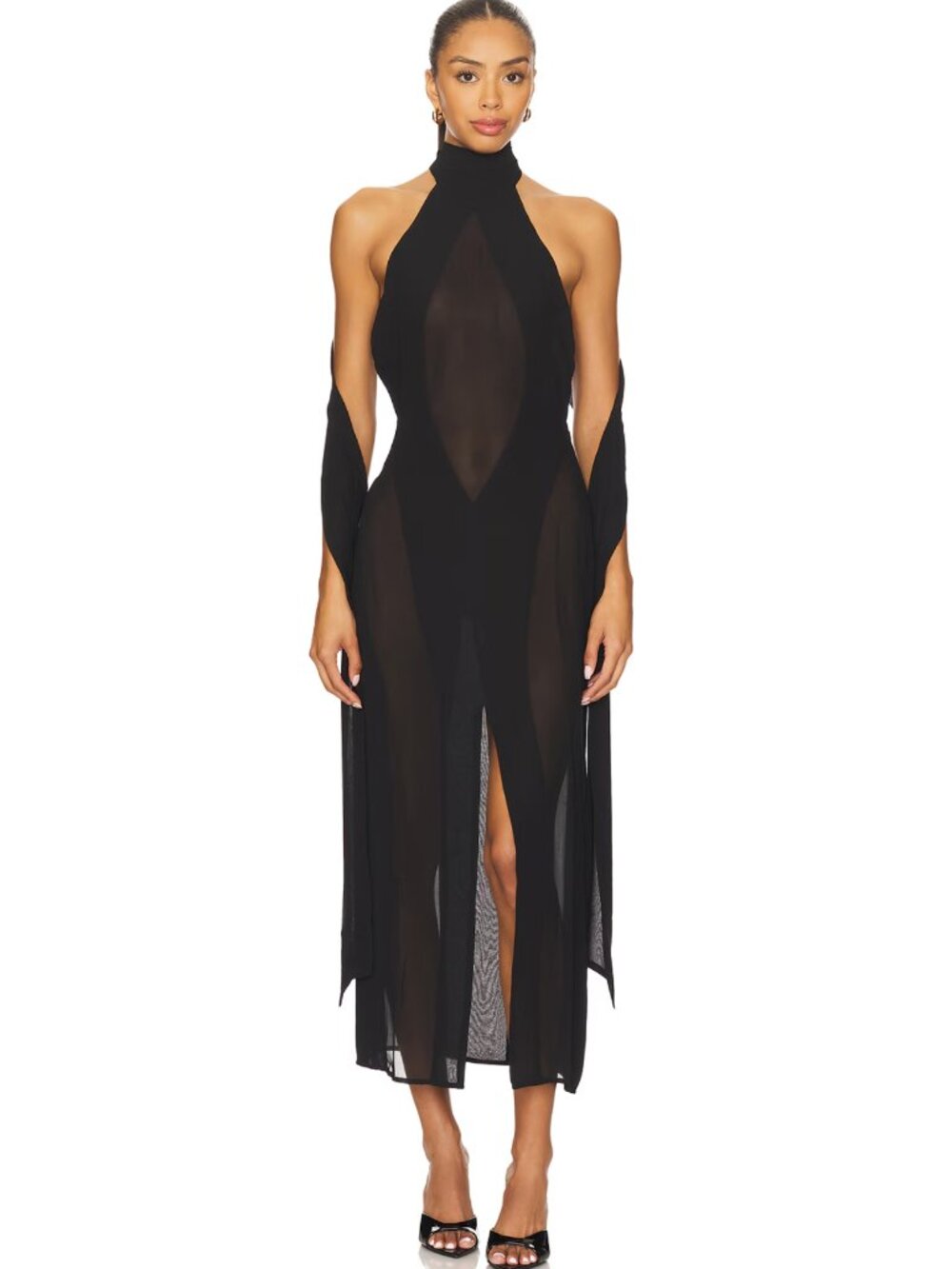 GUIZIO Koemi Sheer Panel Midi Dress in Black Sleeveless Halter Sexy Sheer Maxi